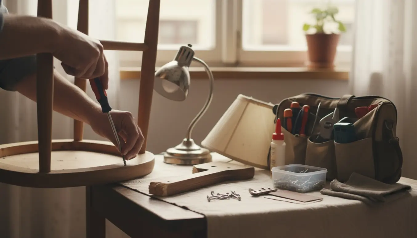 Hænder reparerer små ødelagte ting på et bord med værktøj og reservedele i naturligt dagslys.