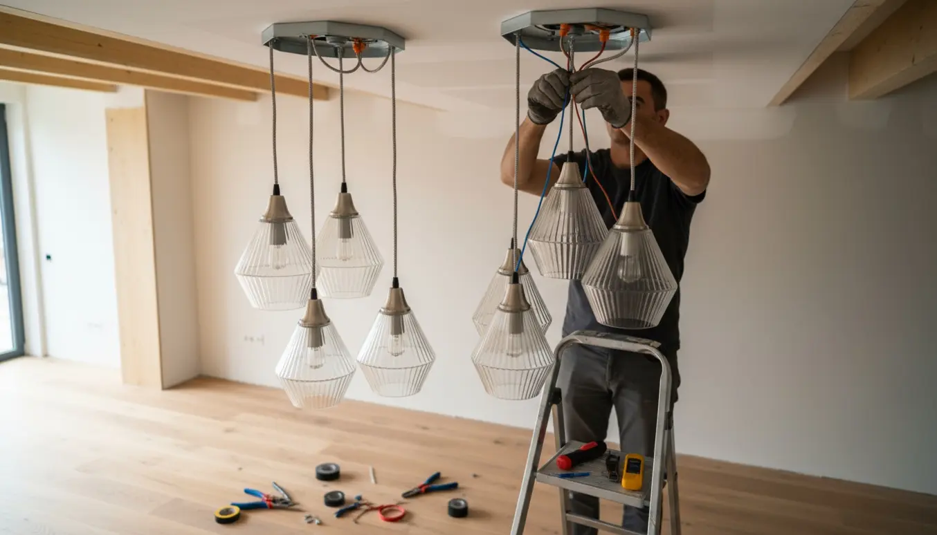 Hængende lamper over et loftudtag mens hænder på en stige forbinder ledninger til to loftudtag.