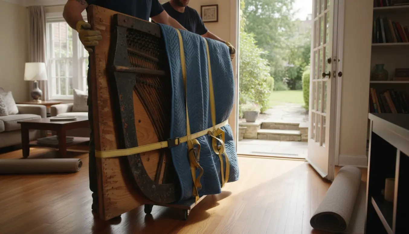 Et tungt jernramme fra et klaver bæres ud gennem to stuer, ned ad to trin og ud på en havesti.