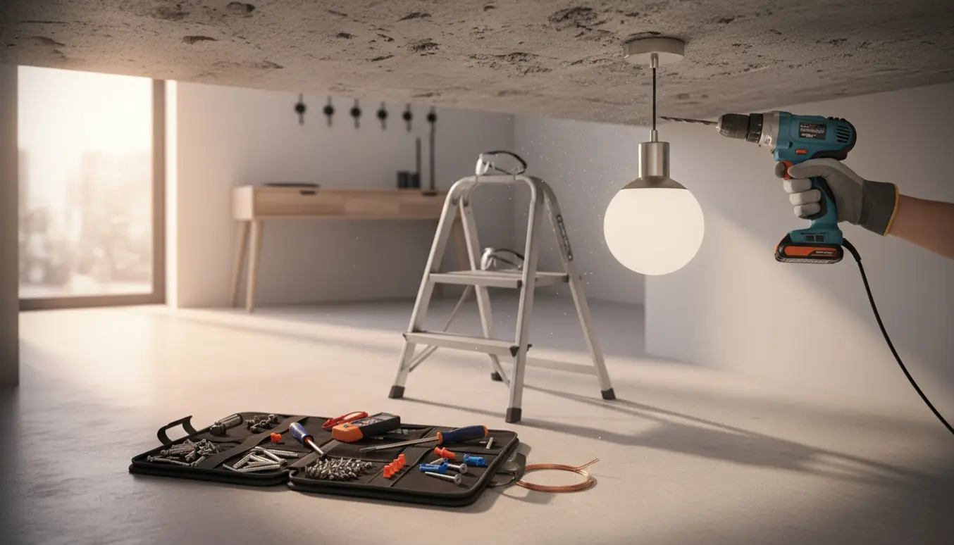 Montør monterer en loftlampe i en entre med stige, bor og rawlplugs.