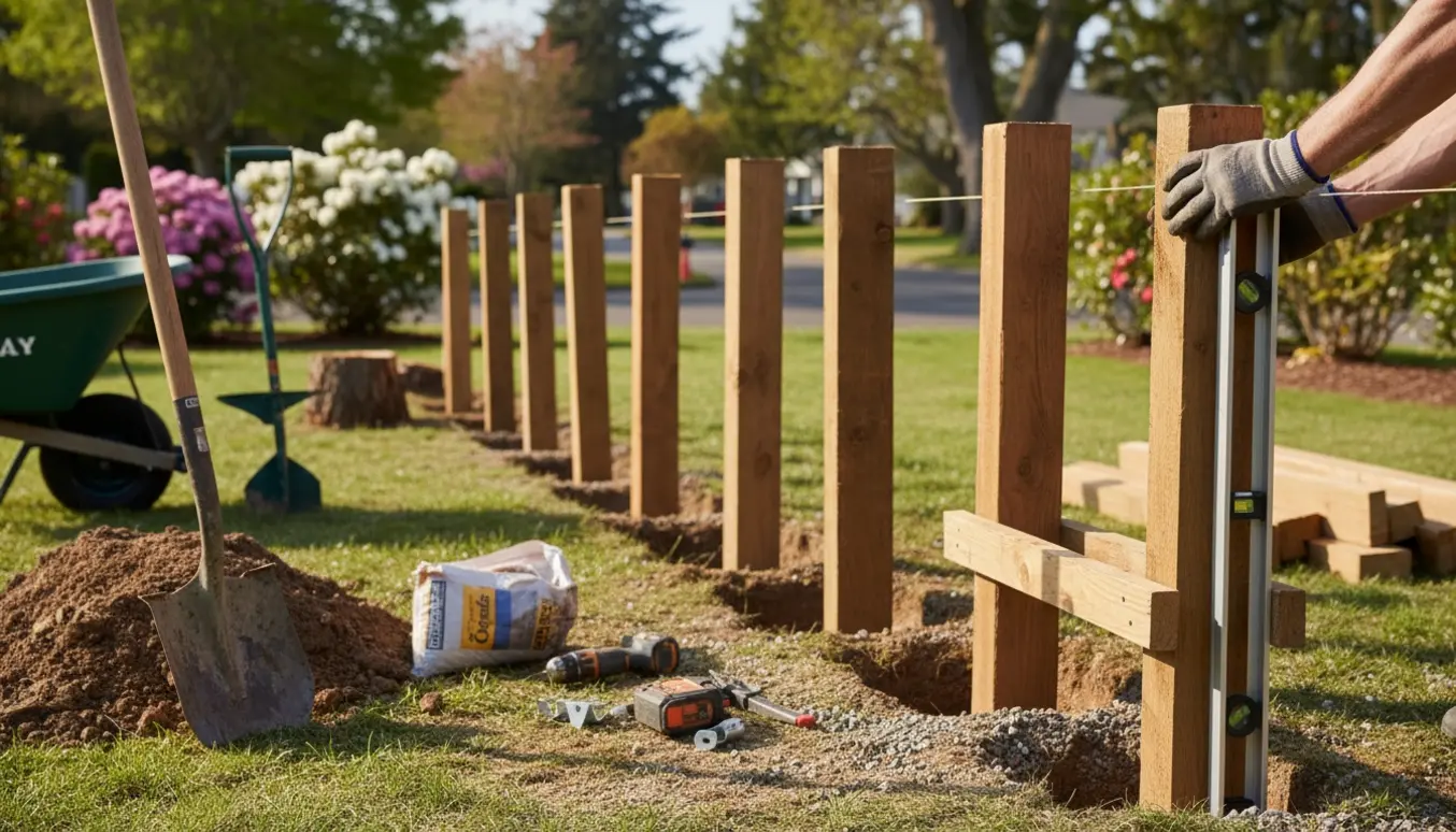 Hænder sætter en ny træstolpe i et hul i haven med værktøj og flere nye stolper i baggrunden.