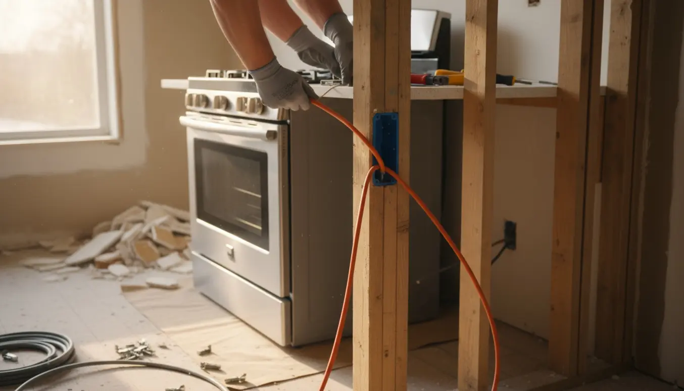 Nærbillede af elektriker uden synligt ansigt, der fører og fastgør et strømkabel til komfuret gennem en delvist nedrevet køkkenvæg.