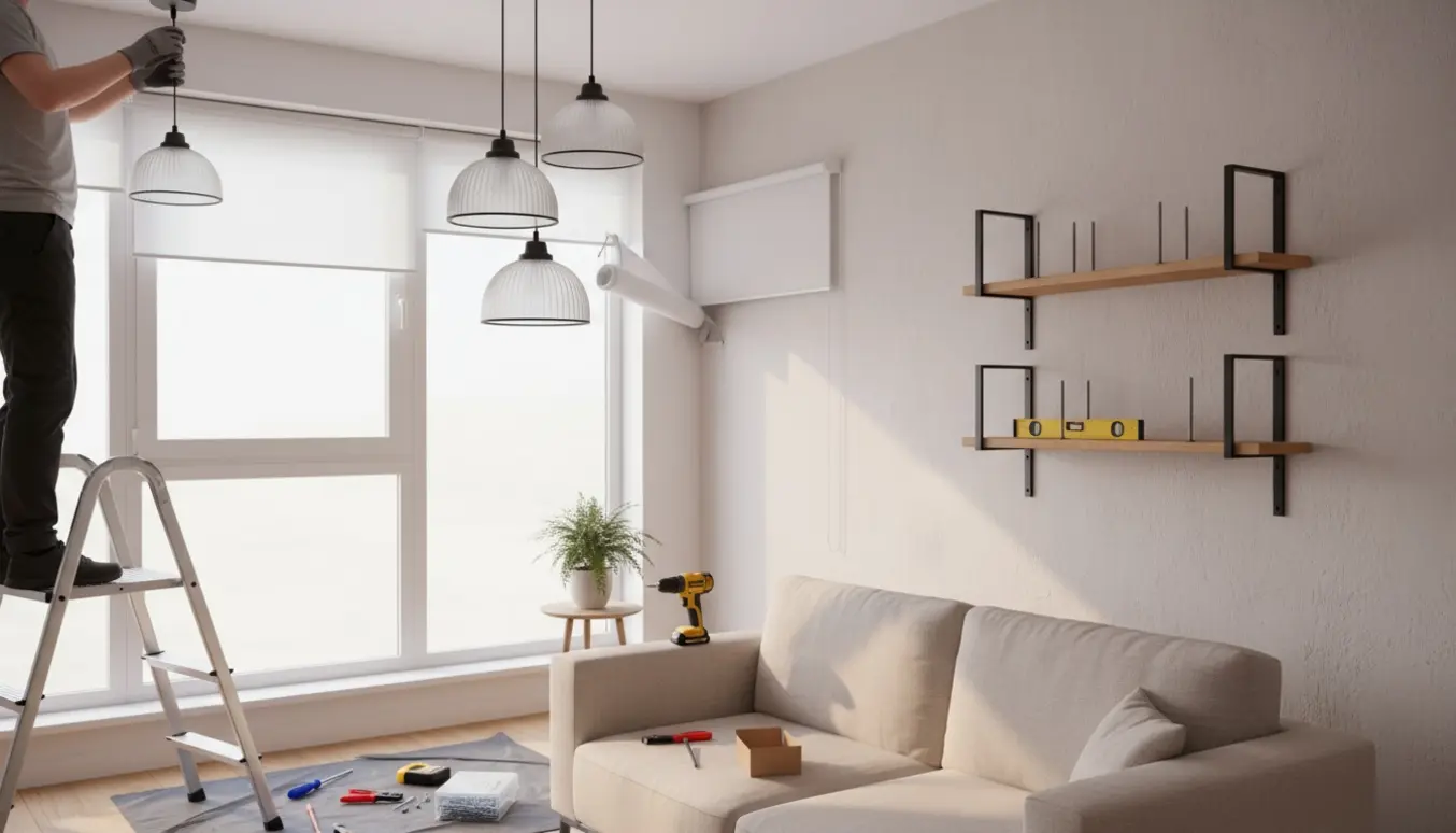 En håndværker monterer lamper og hylder i et lyst, moderne værelse, mens et rullegardin bliver sat op.