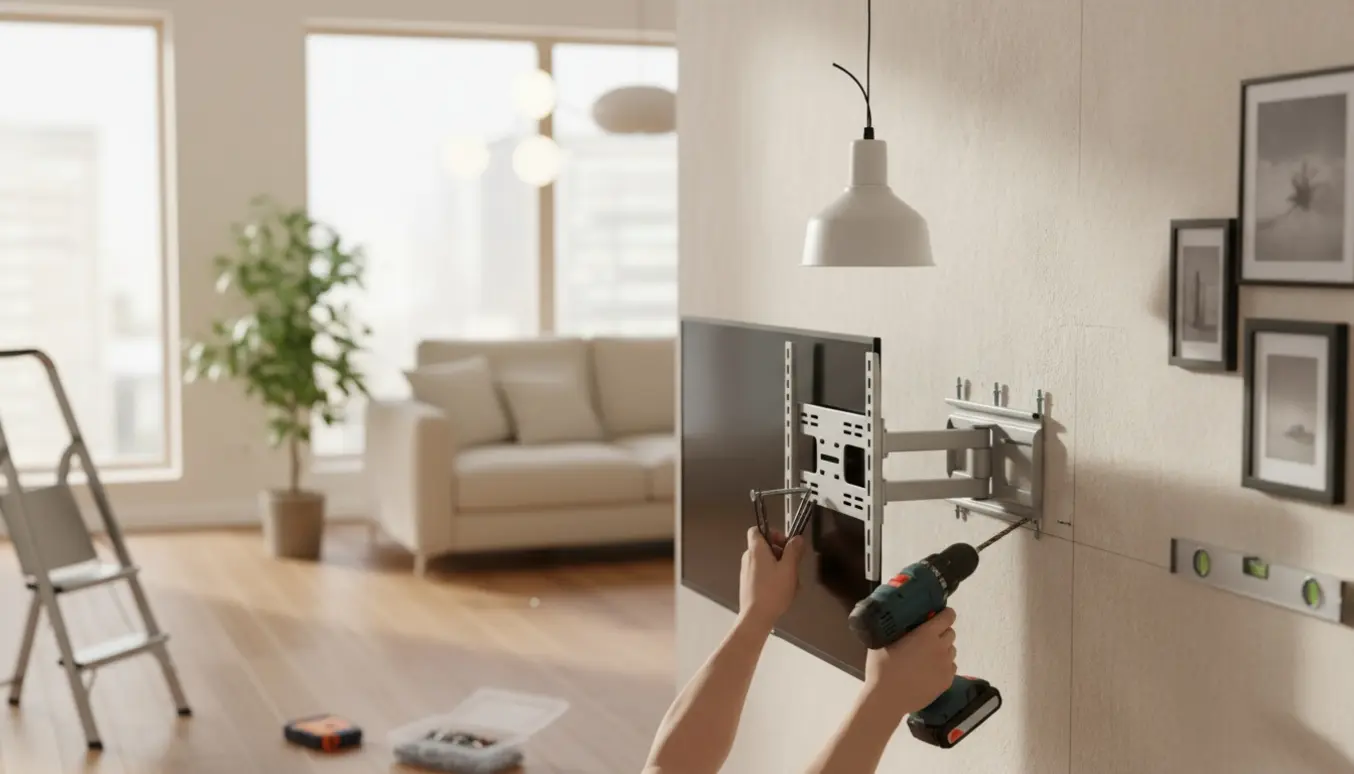 Hænder og værktøj monterer et fladskærms-tv, ophænger en loftlampe og forbereder billeder i en stue.