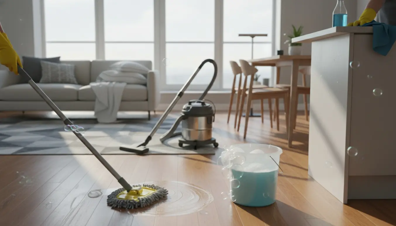 Soloplyst lejlighed under hovedrengøring med moppe, støvsuger, klude og skinnende overflader.