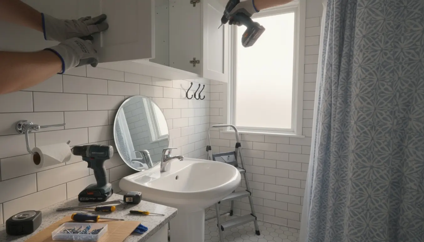 Hænder monterer et toiletskab i et lyst badeværelse med spejl, toiletrulleholder, knager og et halvt ophængt forhæng.