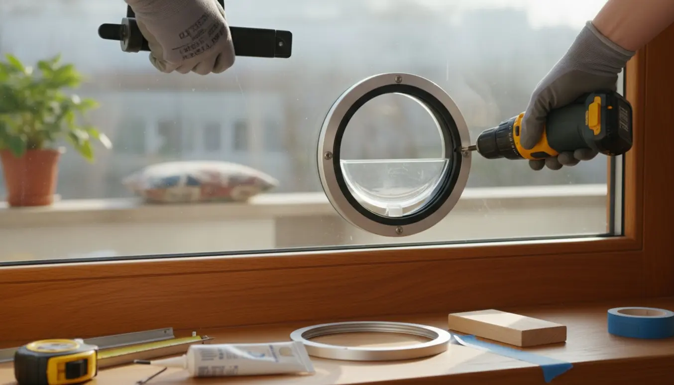 Nærbillede af en kattelem indsat i en glasrude med træpanel nederst.