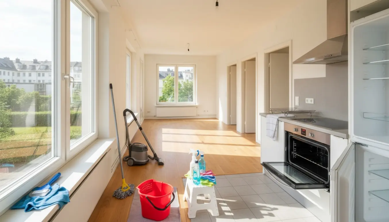 Lyst, nyvasket fireværelses lejlighed med rengøringsudstyr og skinnende vinduer.