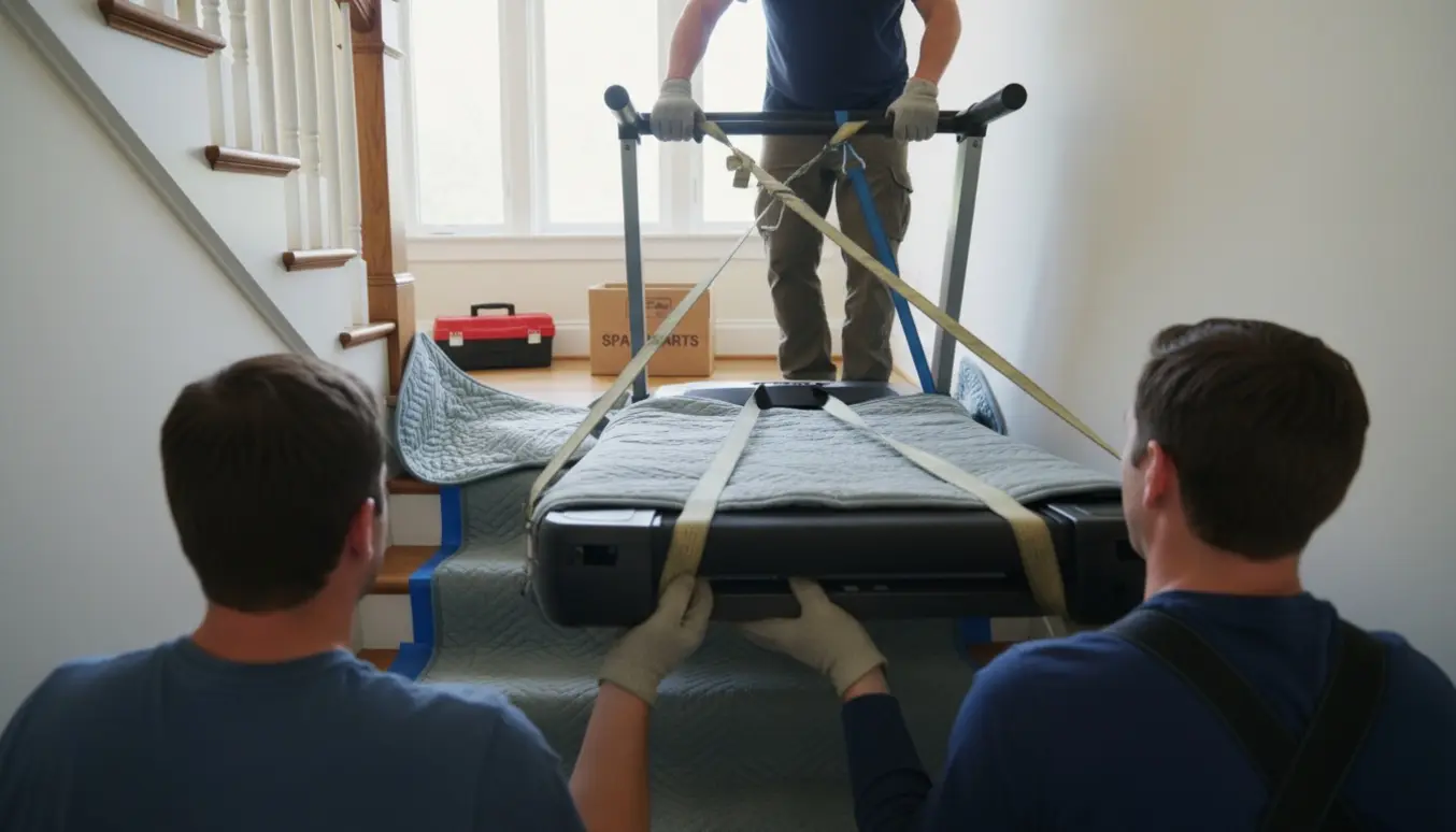 To personer løfter et tungt, uafmonteret løbebånd op ad en indendørs trappe med beskyttende tæpper og flytteudstyr.