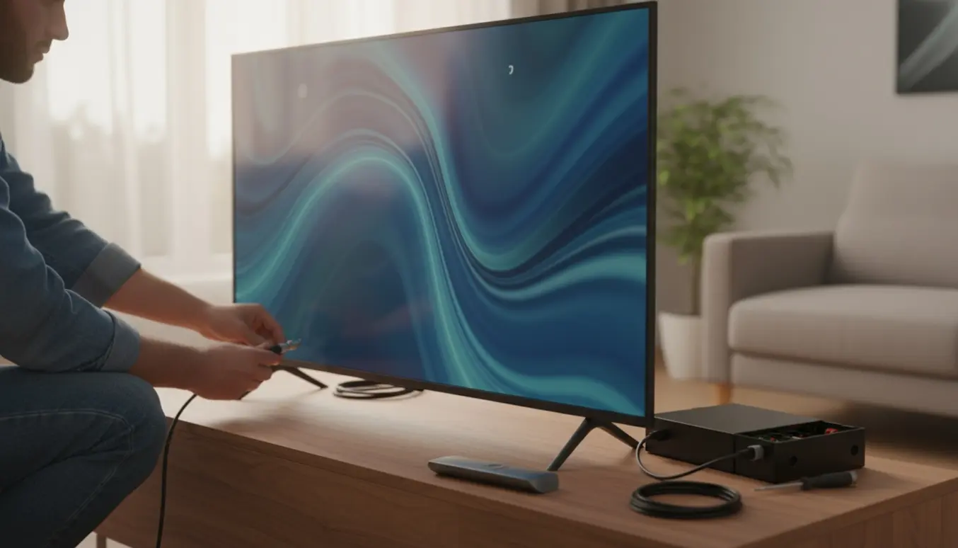 Hænder forbinder coax-kabel bag et fjernsyn under geninstallation af TV-kanaler i en lys stue.