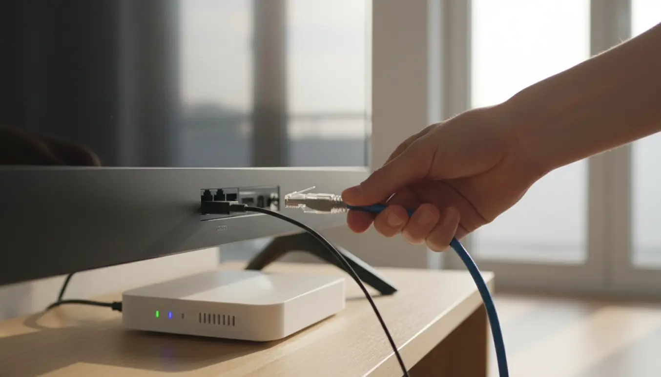 Hånd trækker Ethernet-kabel ud af et smart-tv i en lys og rolig stue.