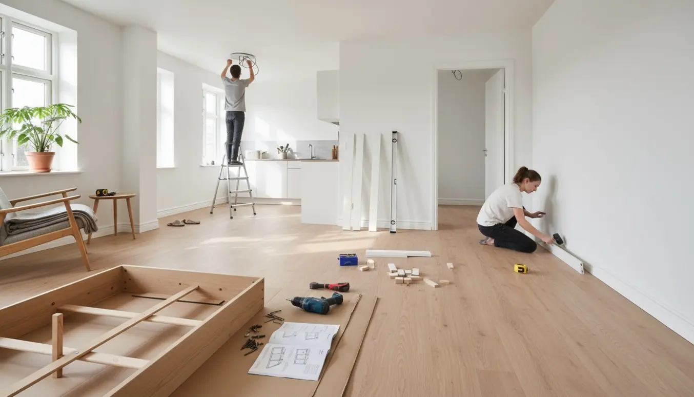 Lyse lejlighed med nylagt laminatgulv, halvfærdige fodlister, værktøj og en seng under samling, mens en person på stige monterer en lampe.