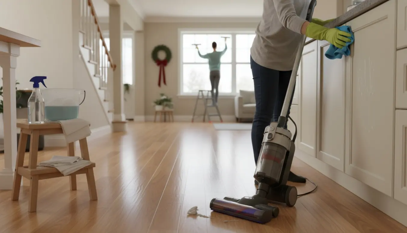 Hænder rengør køkkenlåge og vindue i et lyst hjem med støvsuger og moppe før jul.