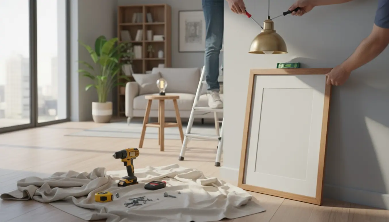 Hænder hænger billeder op og monterer en loftslampe i en lys, moderne stue.