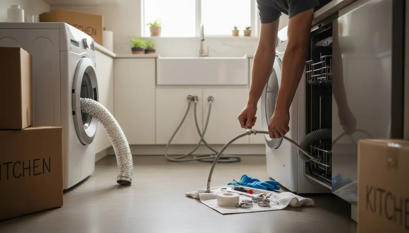 Nærbillede af hænder, der tilslutter vand- og afløbsslanger til vaskemaskine og opvaskemaskine i et køkken under flytning.