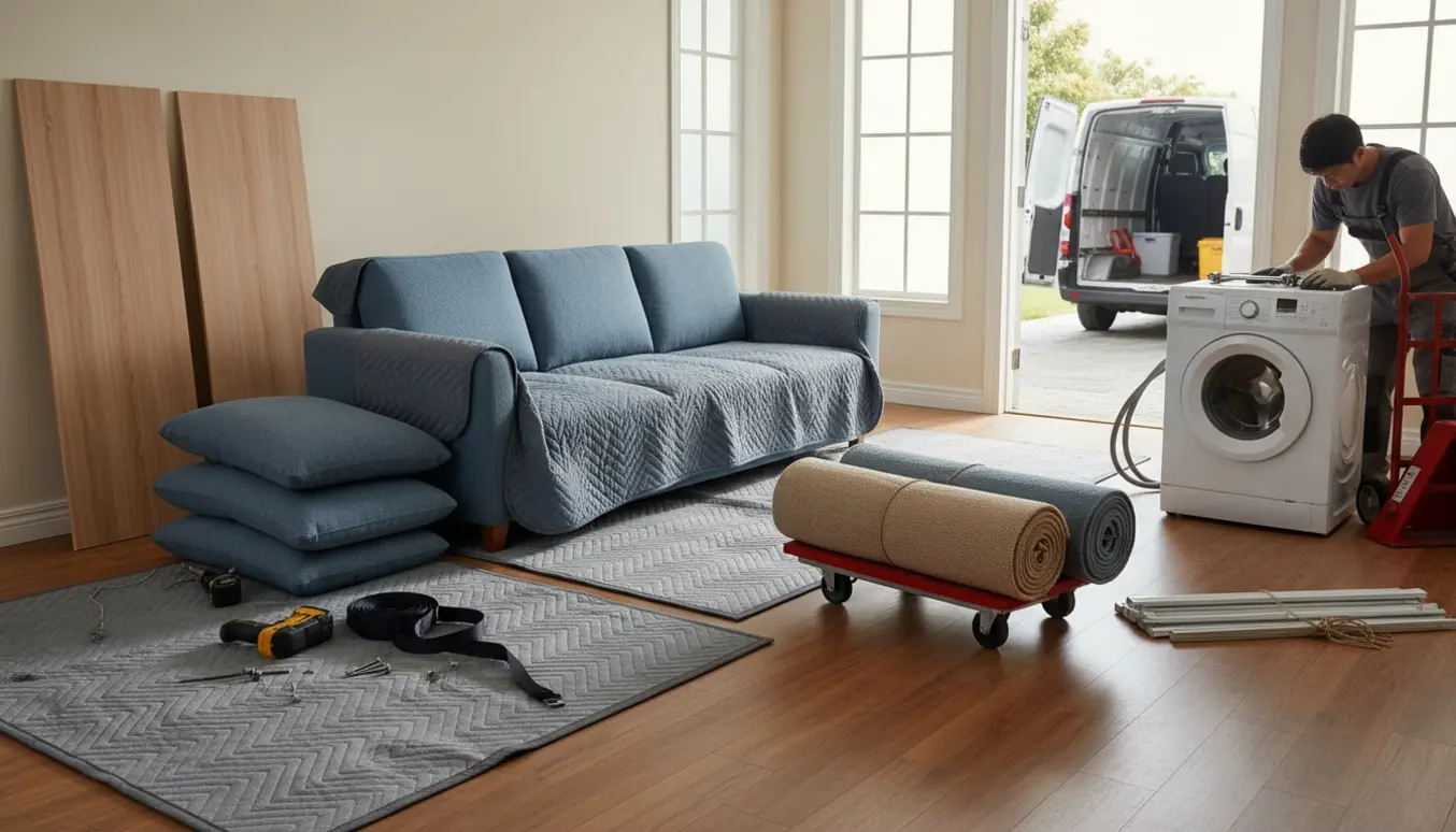 Klargøring til affald: delvist skilt klædeskab, trepersoners sofa, rullede tæpper og afmonteret vaskemaskine ved indgangen.