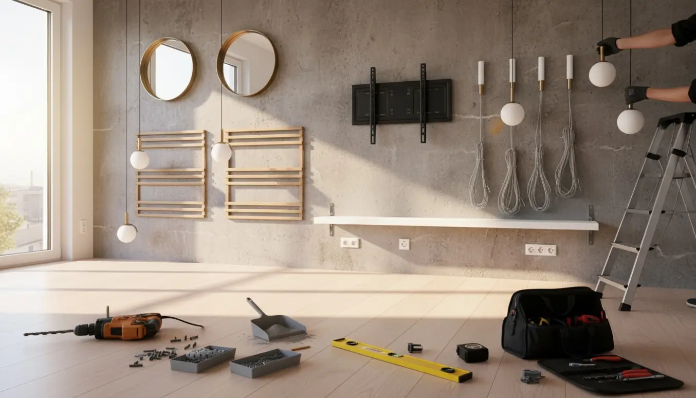 Personer monterer lamper, spejle, knagerækker, reol og tv på en betonvæg i et lyst rum om morgenen.