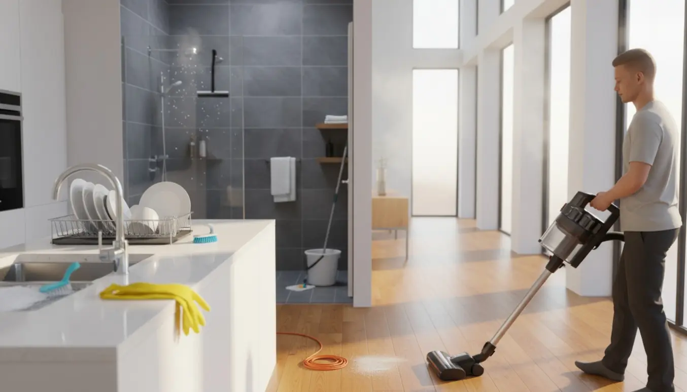 Indendørs rengøring i et moderne hjem med støvsuger på trægulv, opvask i køkkenet og rengøringsredskaber ved badeværelset.