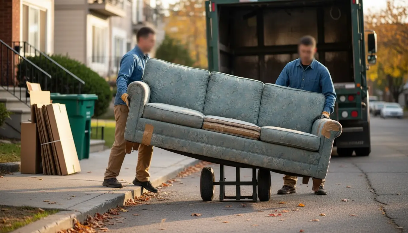 En slidt sofa bæres ud til storskrald ved fortovet, klar til afhentning.
