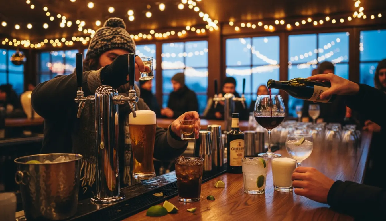 Bartender serverer øl, jägerbombs og simple drinks ved en after-ski bar med varme lys og træindretning.