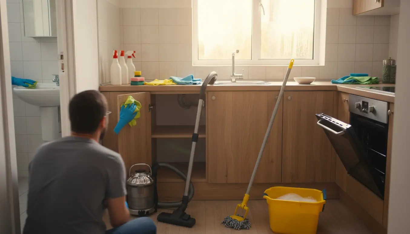 Lille køkken og lille badeværelse under hovedrengøring med støvsuger, moppe, rengøringsmidler og hænder i arbejde.