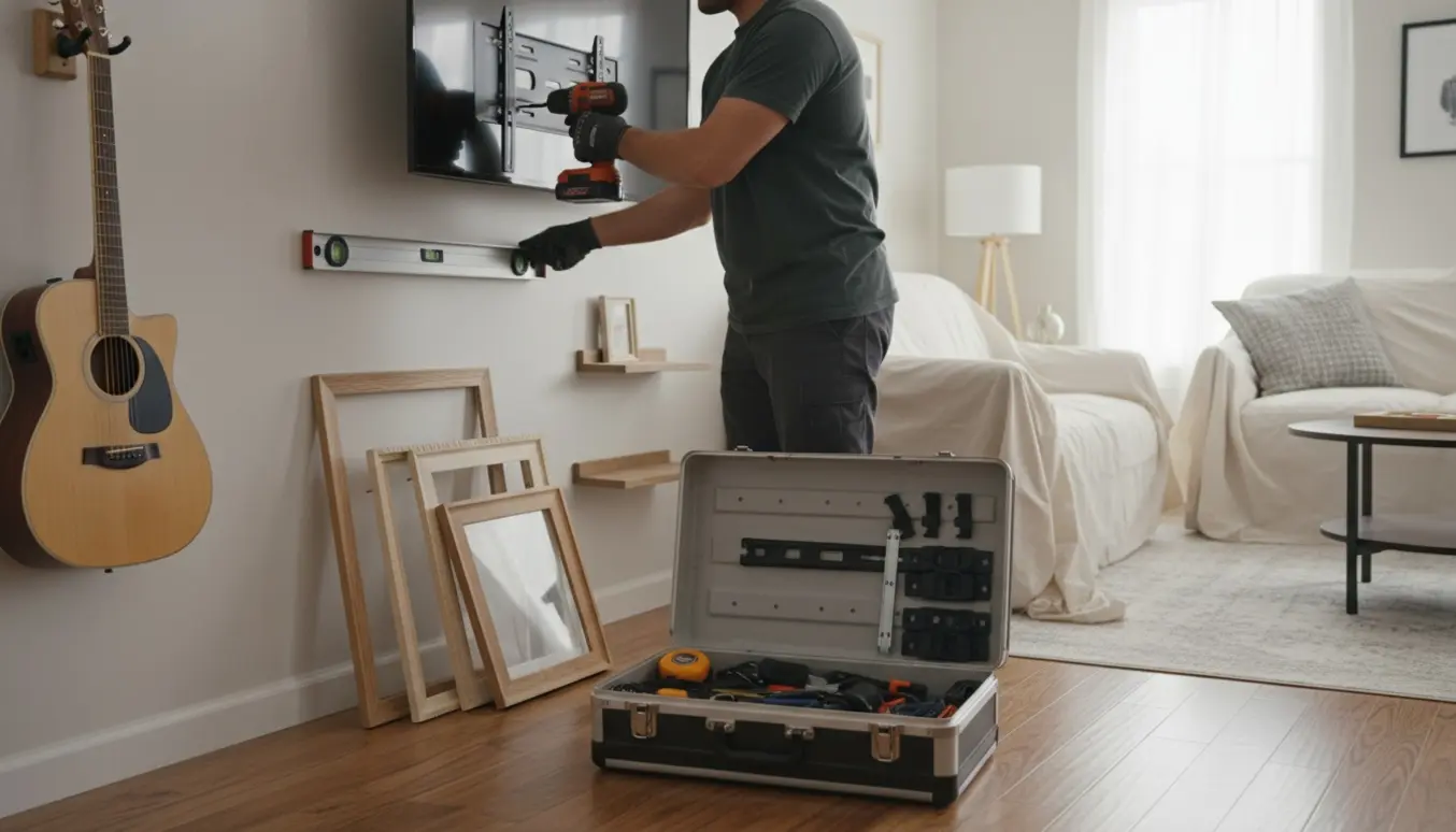 Hænder monterer TV, billeder og hylder på en stuevæg med værktøj klar på gulvet.
