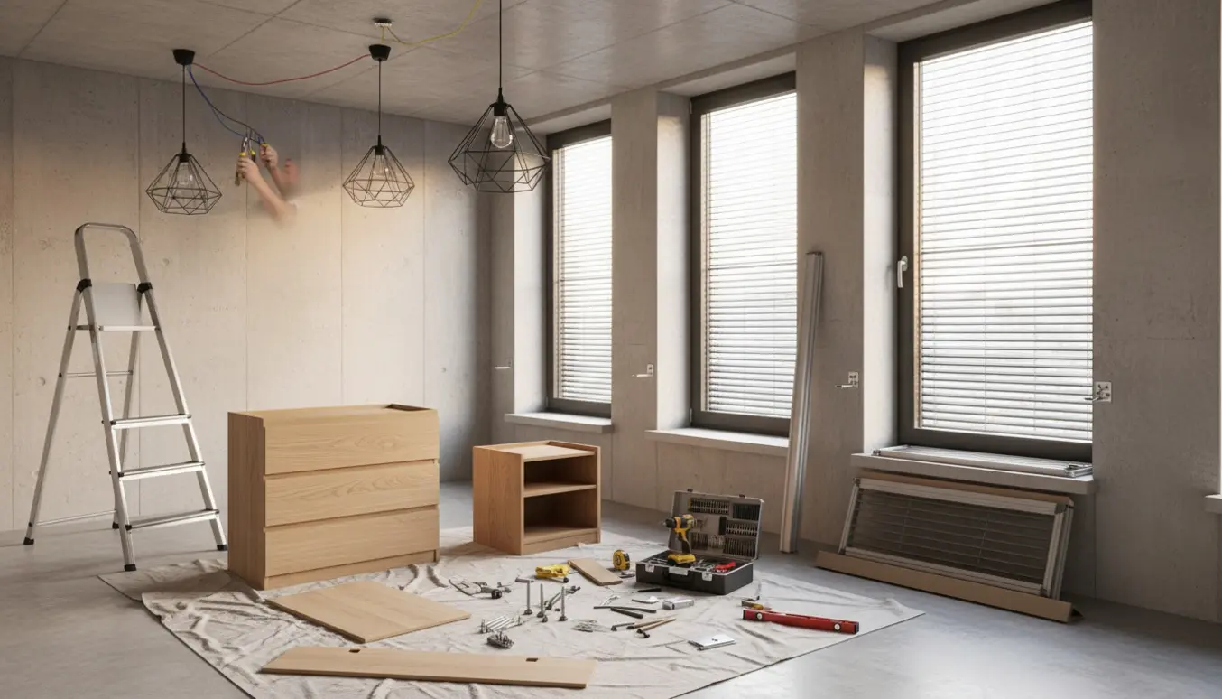 Aktiv montage med kommode og natbord under samling, en skæv lampe ved en stige og persienner ved høje betonvinduer.