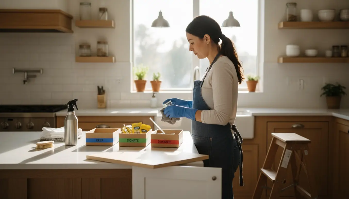 Kvinde rydder og rengør åbne køkkenskabe, sorterer krydderipakker og fjerner mug med klude og stige i nærheden.