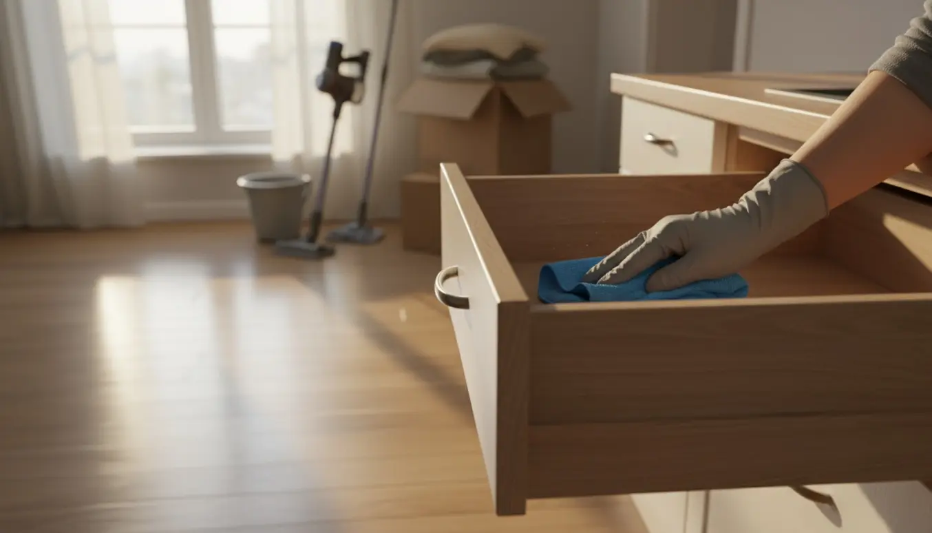 En hånd i handsker tørrer en åben skuffe af i en tom lejlighed med moppe og flyttekasser i baggrunden.