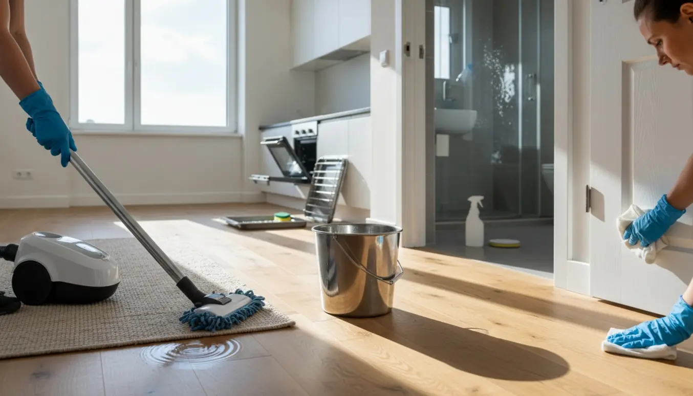 Flytterengøring i en lys lejlighed med støvsugning, gulvvask, aftørring af paneler og rengjort ovn.