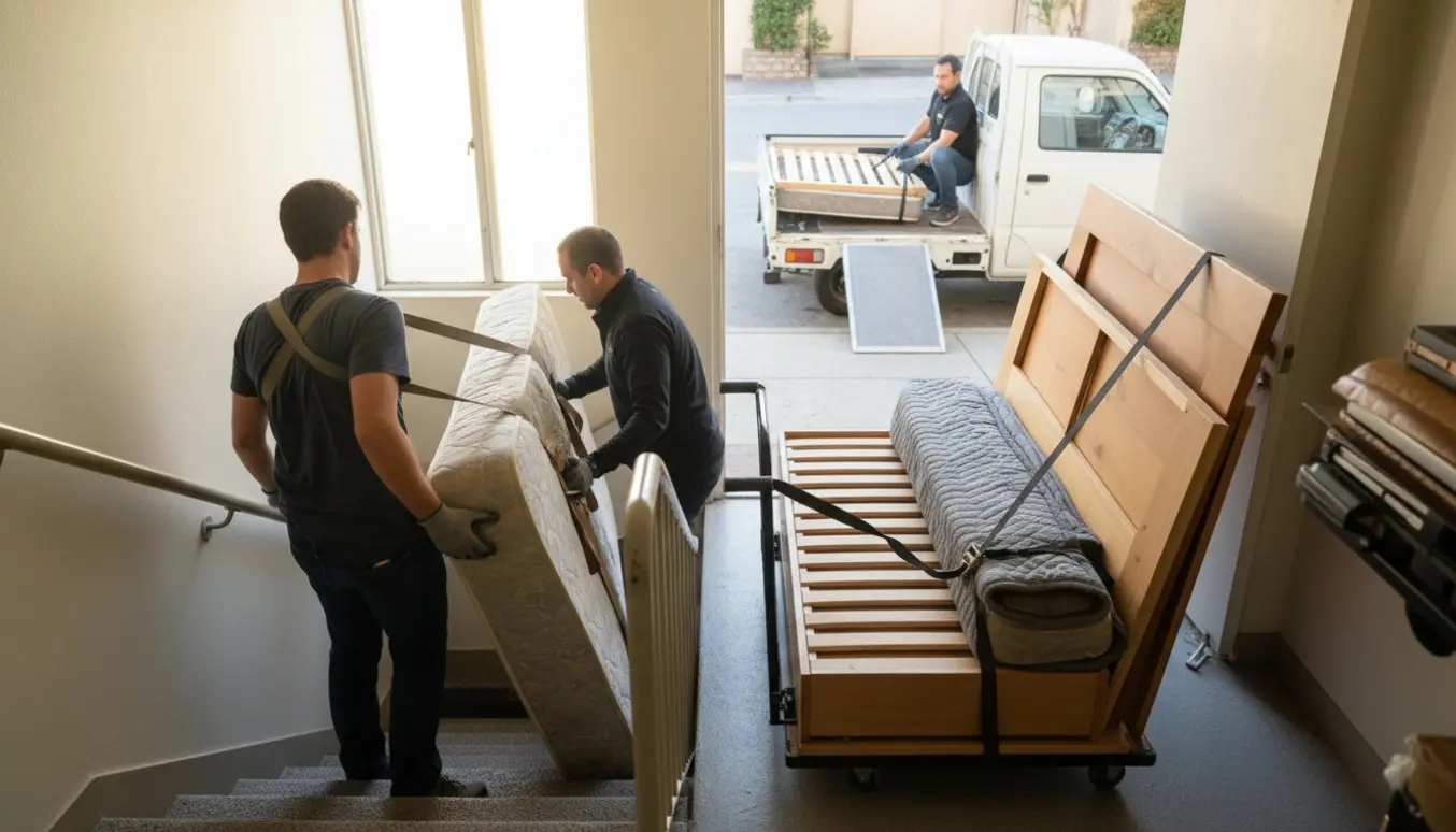 To personer bærer en madras og adskilte sengestykker ned ad en trappe og ind i en varebil; ansigter er ikke synlige.