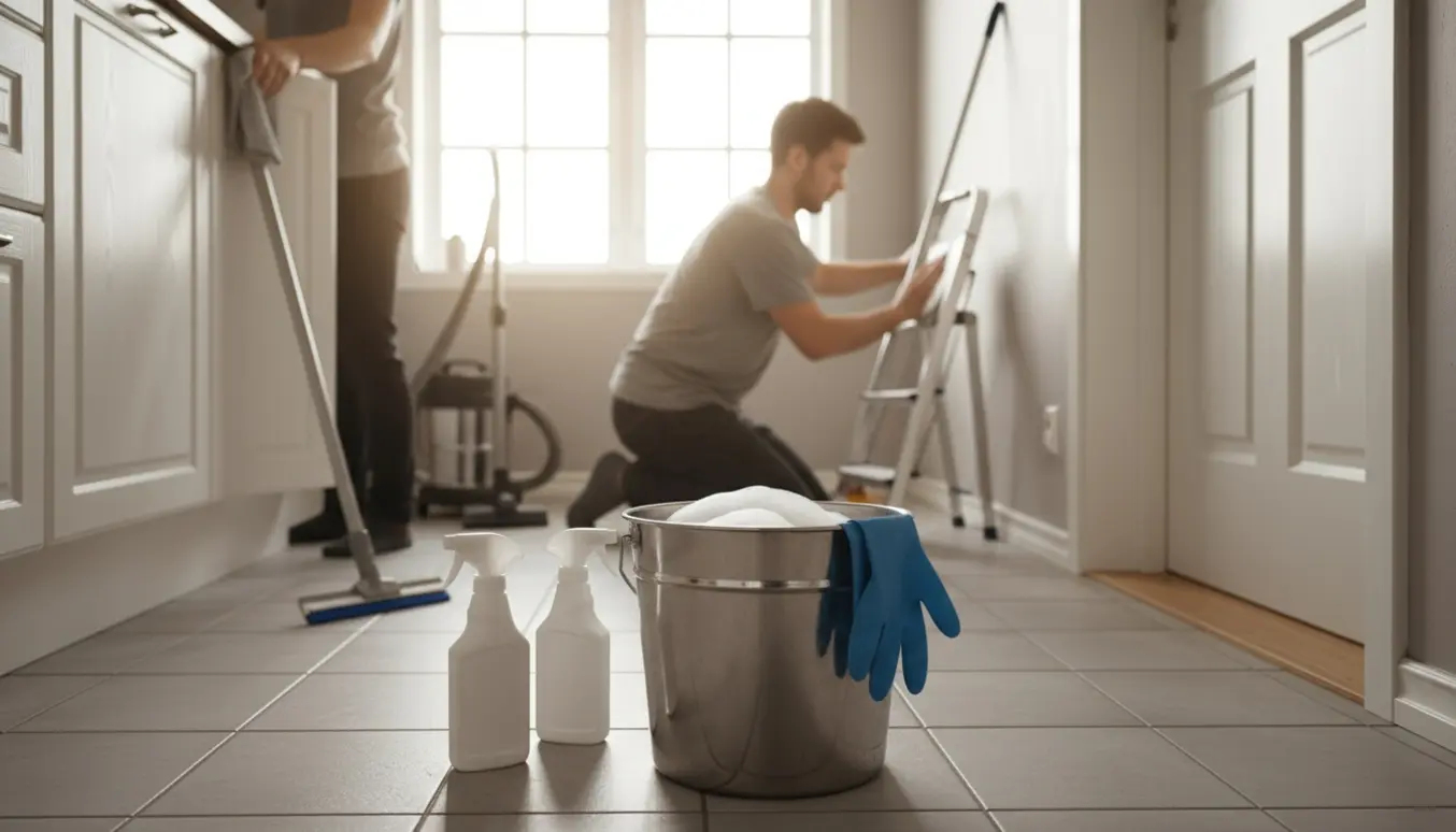 Hænder tørrer en vindueskarm i en solbeskinnet privat bolig med rengøringsmidler i forgrunden.