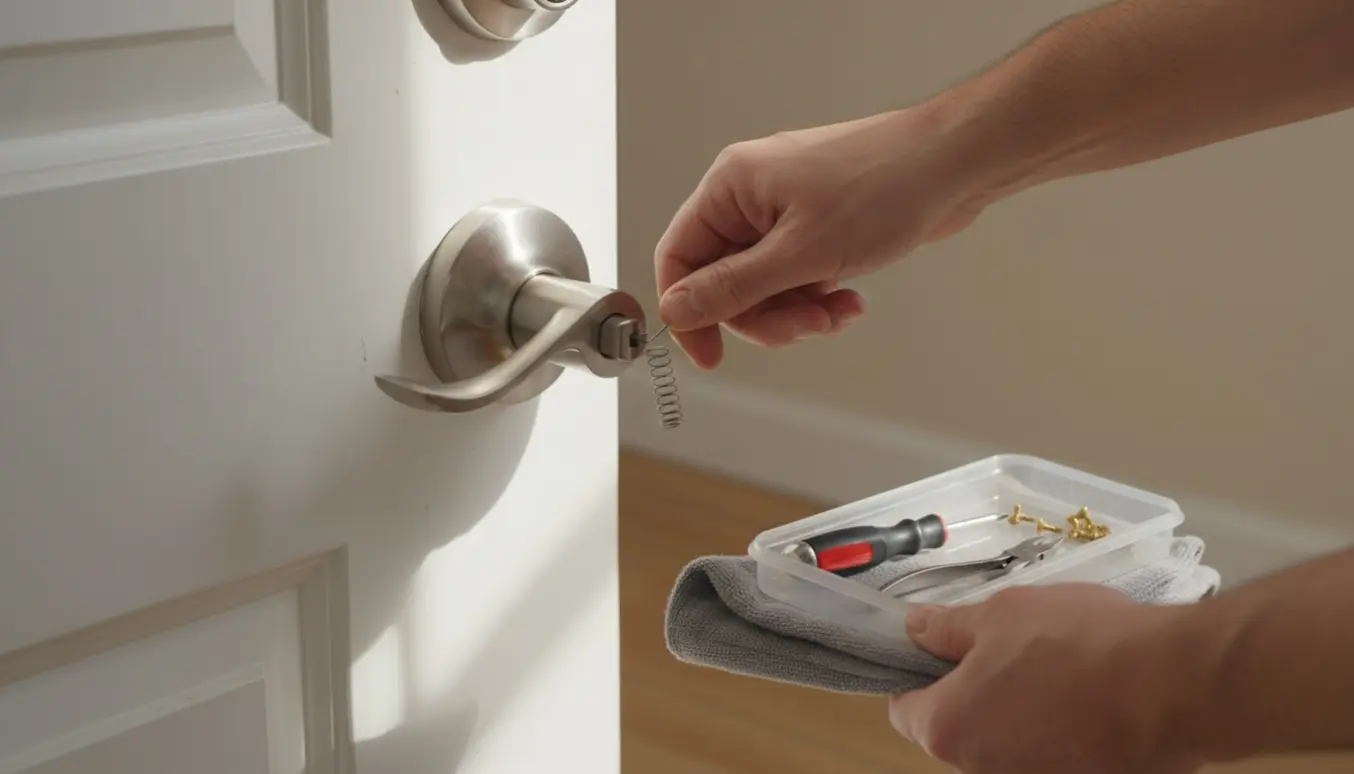Nærbillede af hænder, der reparerer et løst dørhåndtag med skruetrækker og fjeder i en lys entré.