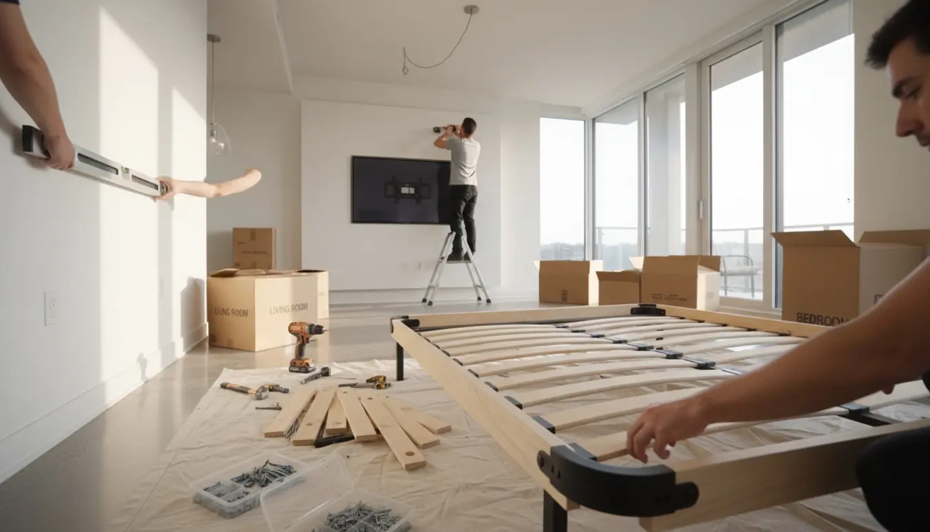 Lyse rum med flyttekasser og håndværker, der monterer TV, hylder og lampe under indflytning.