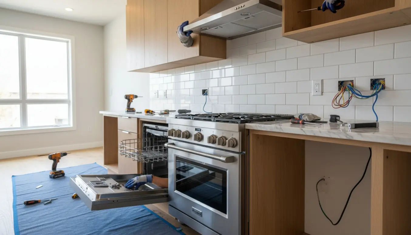Teknikere monterer opvaskemaskine, komfur og emhætte i et moderne køkken, mens nye stikkontakter sættes i.