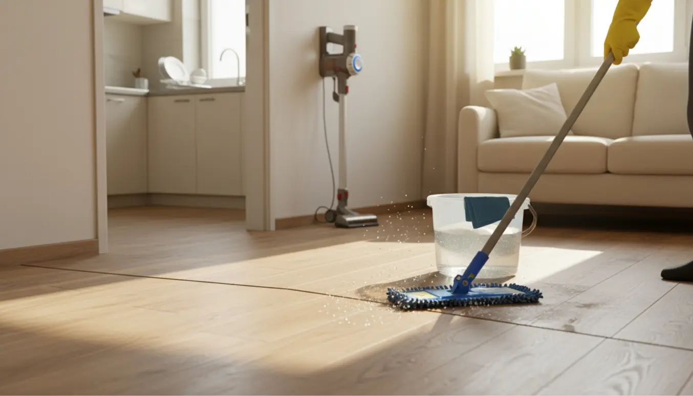 Solbelyst 2-værelses lejlighed under rengøring med moppe, spand og støvsuger.