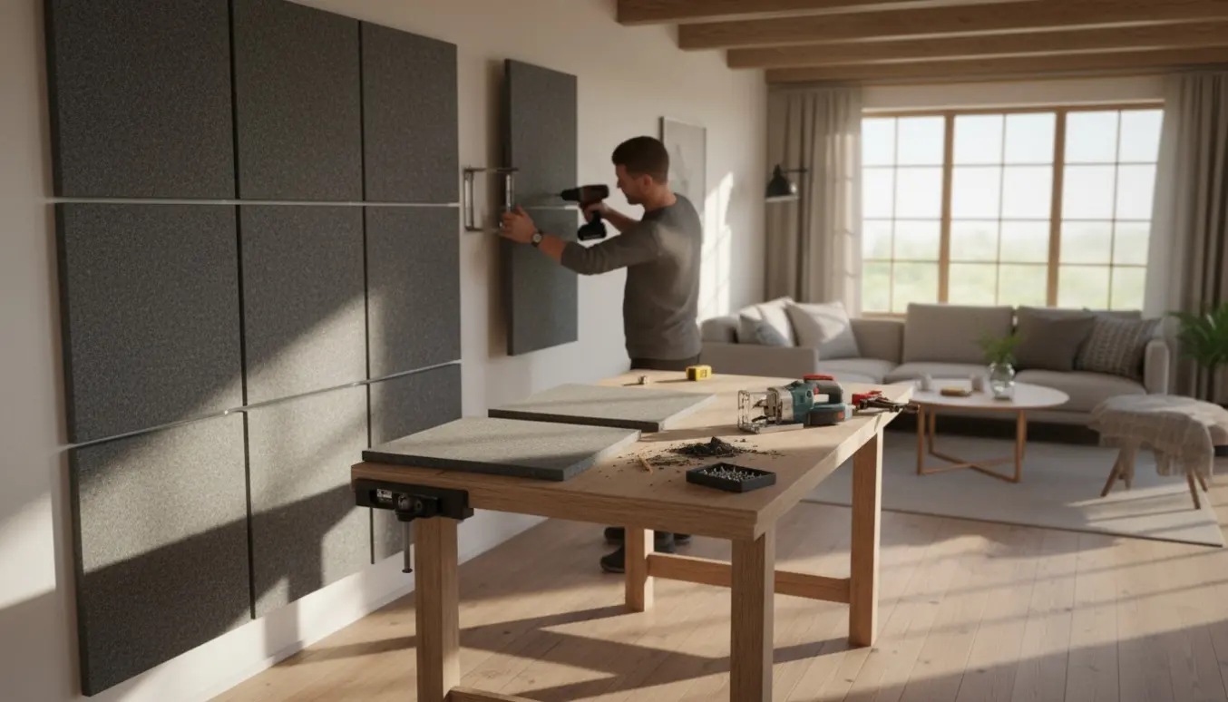 Installation af akustikplader i et lyst sommerhus med værktøj og et bord lavet af tilpassede plader.