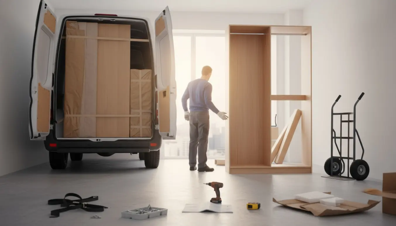Varebil med garderobepaneler og to montører uden synlige ansigter, skruemaskine og værktøj klar til montering i en lys lejlighed.
