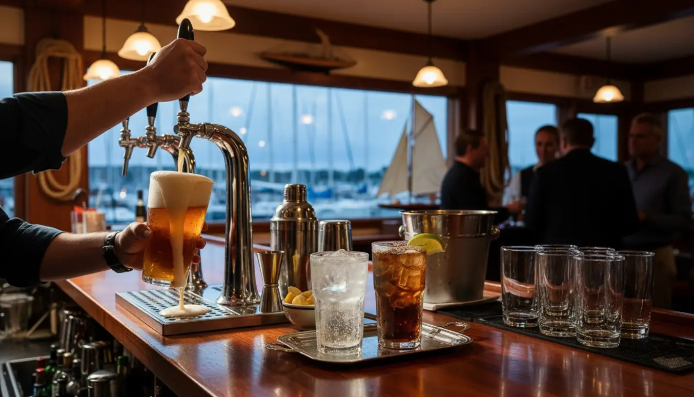Hænder hælder fadøl og serverer en gin & tonic og rom & cola ved en træbar i en hyggelig sejlklub.