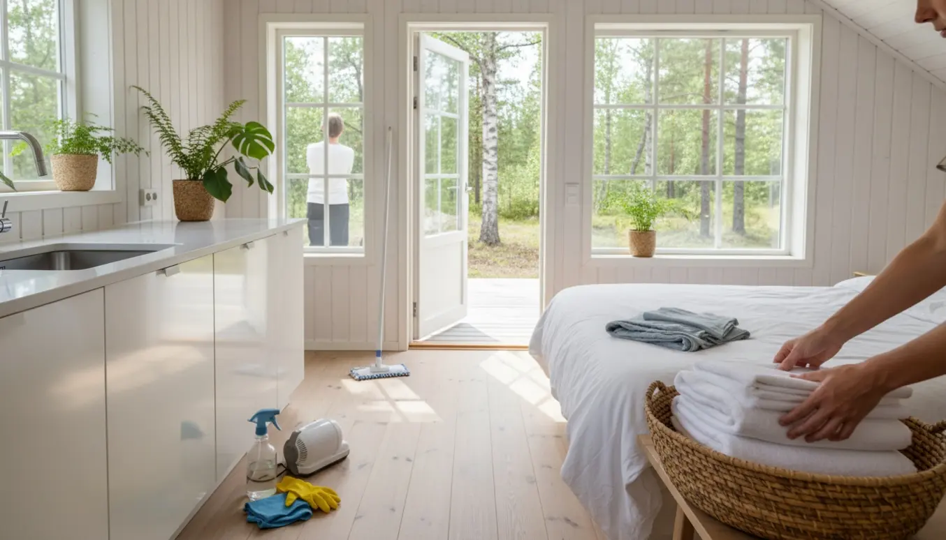 Rengjort sommerhusinteriør med frisk foldet sengetøj, rengøringsudstyr og sollys gennem åbent vindue.