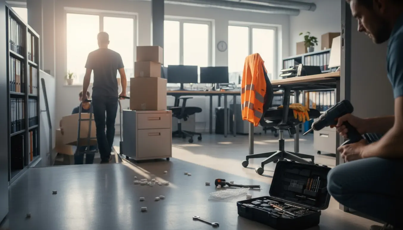 To hjælpere i et kontor flytter kasser og bruger en boremaskine ved trappen til kælderen.