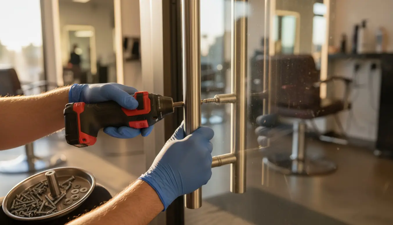 Nærbillede af hænder, der udskifter et løst metalhåndtag på en butiksdør med værktøj og salonindretning i baggrunden.