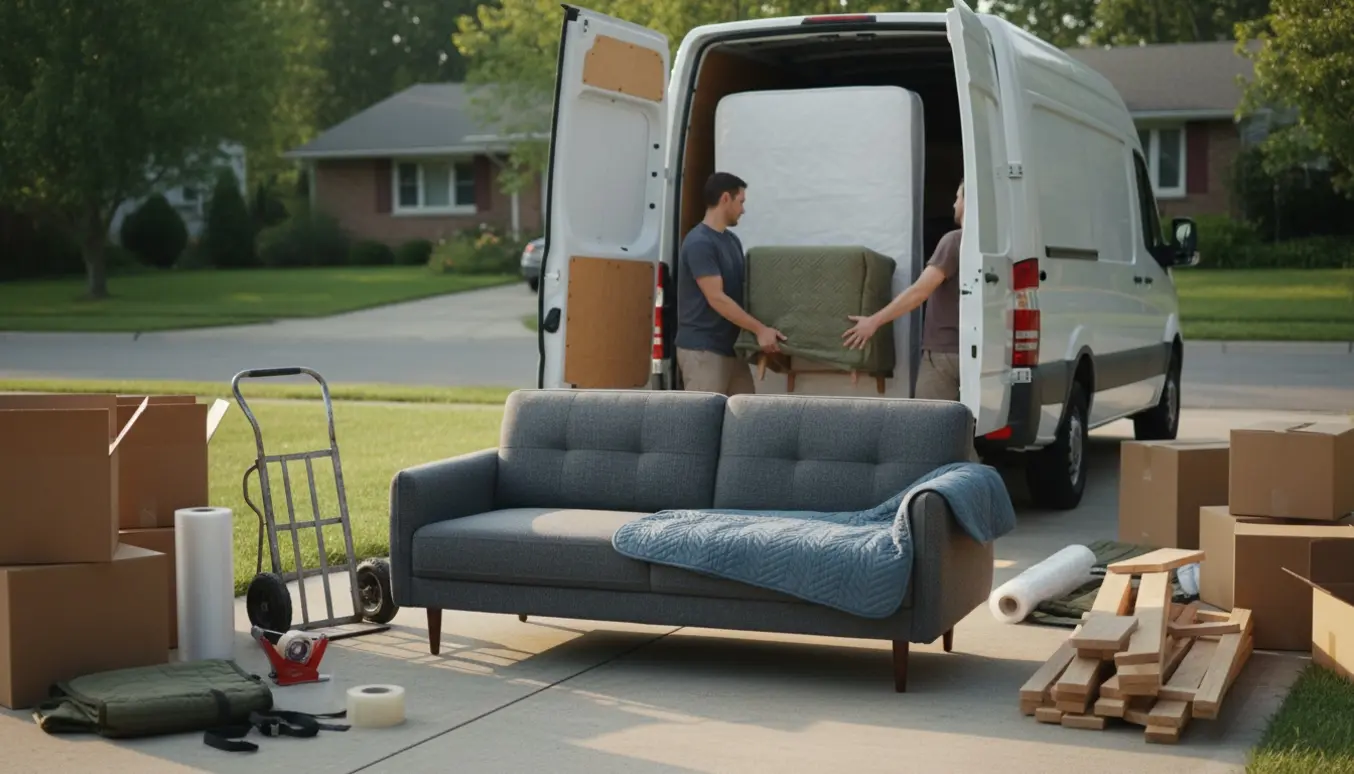 Åben flyttebil med sofa, madras og pakket møbler på indkørsel, flyttekasser og håndvogn i brug.