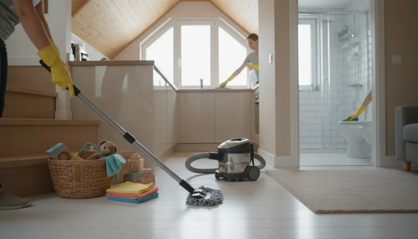 Hænder mopper og støvsuger et lyst rum med hvidt gulv, skrå vægge, opbevaret legetøj og et nypudset badeværelse synligt i baggrunden.