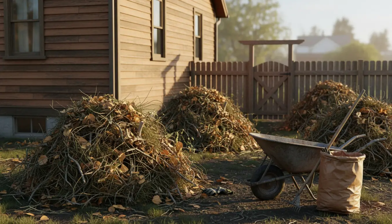 To bunker haveaffald ved huset og en tredje bunke bag huset med trillebør og rive i blødt sollys.