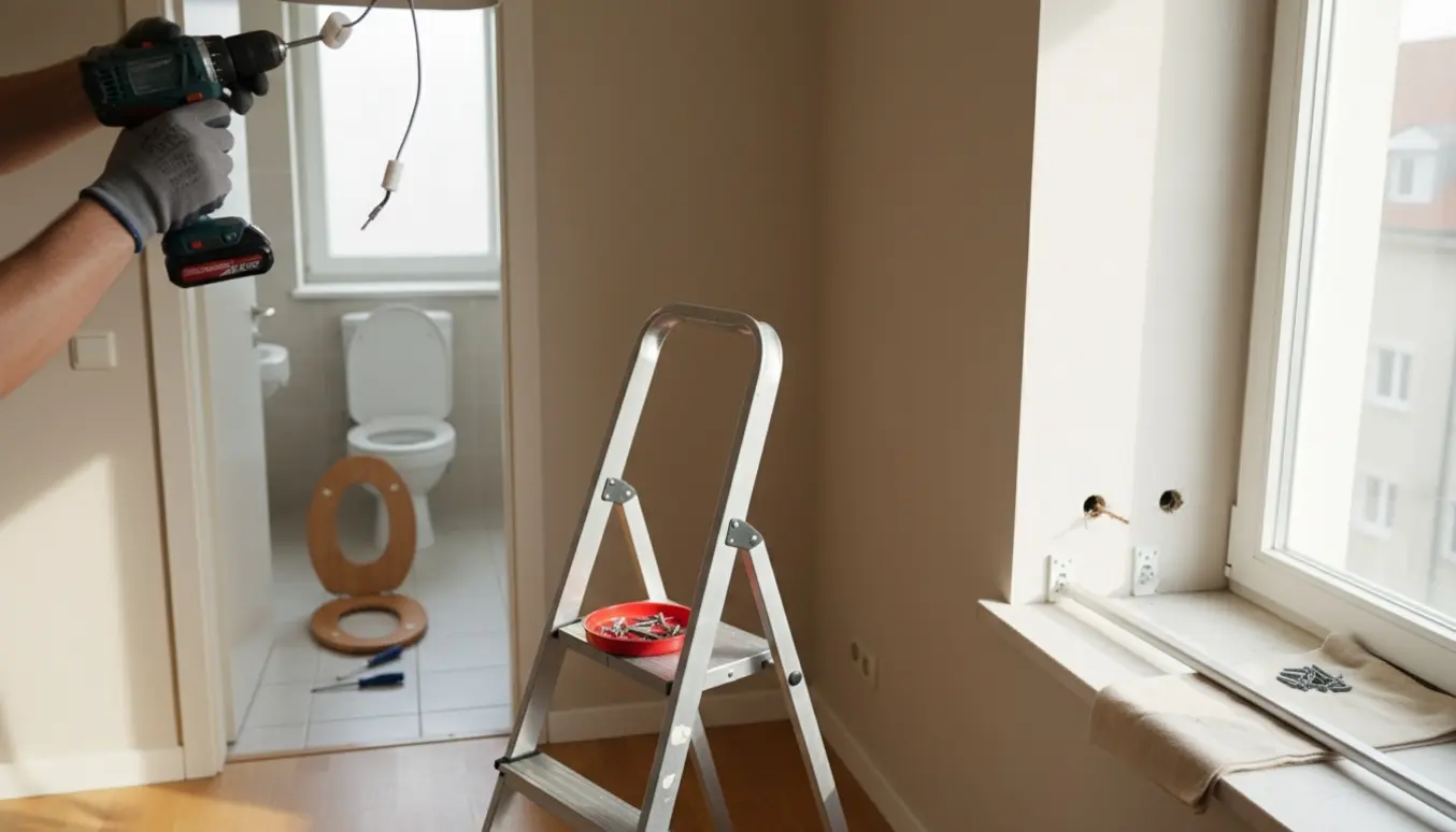 Hænder afmonterer lamper og gardinophæng i en lys lejlighed, med toiletsæde og værktøj synligt i baggrunden.