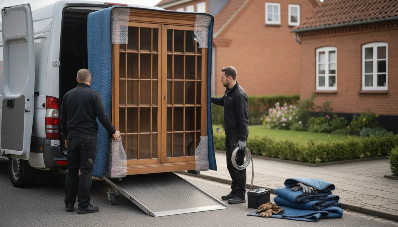 Et stort træskab med glaslåger pakkes og læsses på en flyttevogn på en stille dansk vej.