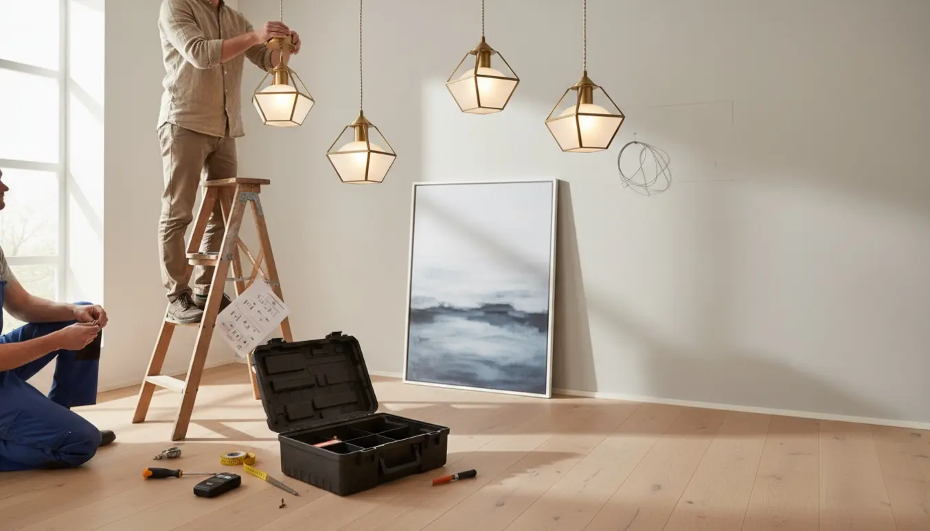 Fire loftslamper under montering og et stort indrammet billede lænet mod væggen, mens værktøj ligger spredt på gulvet.