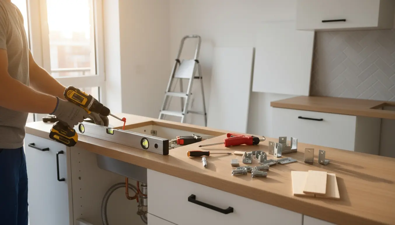 Montage af allerede samlede køkkenskabe i et lyst køkken med værktøj på bordet.