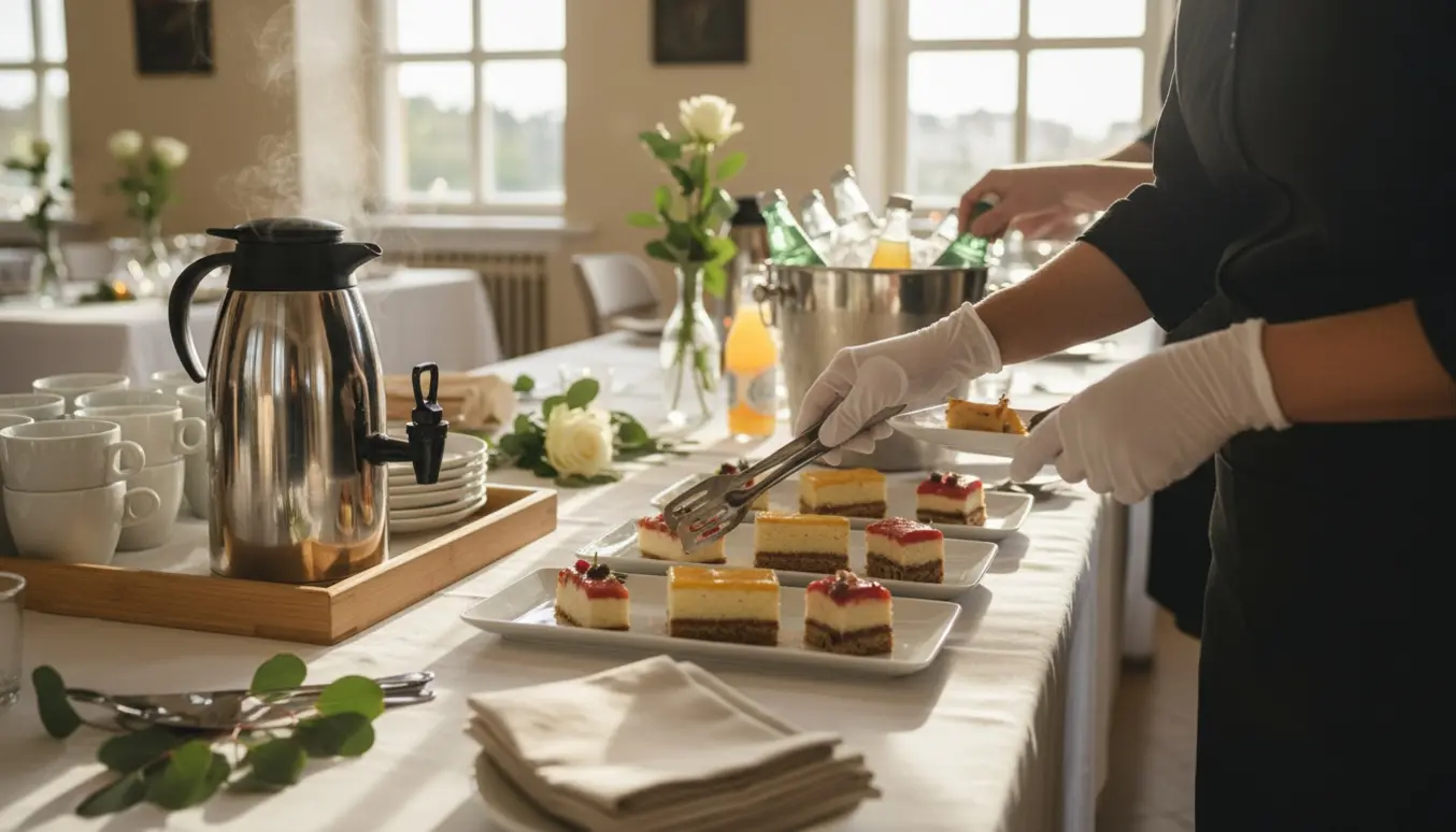 Hænder serverer dessert og gør kaffe klar ved en buffet til en konfirmation.